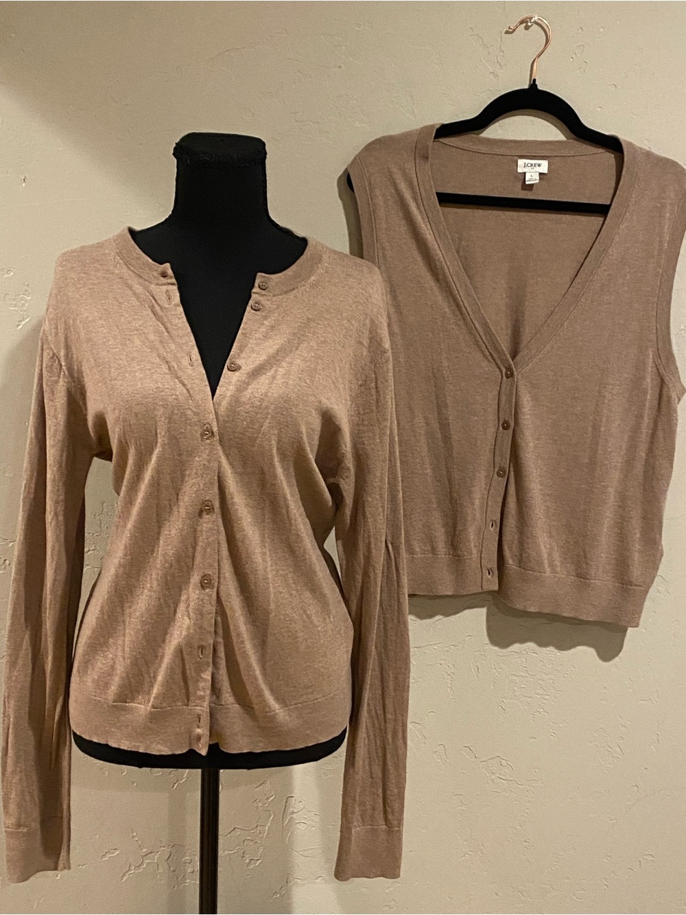 JCrew Factory Light Brown Women's Button Cardigan and Vest Set. EUC Sz Large